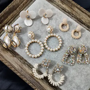 Flatfoosie New Simulated Pearl Drop Earrings For Women Geometric Round Shiny Colorful Crystal Statement Earrings Fashion Jewelry