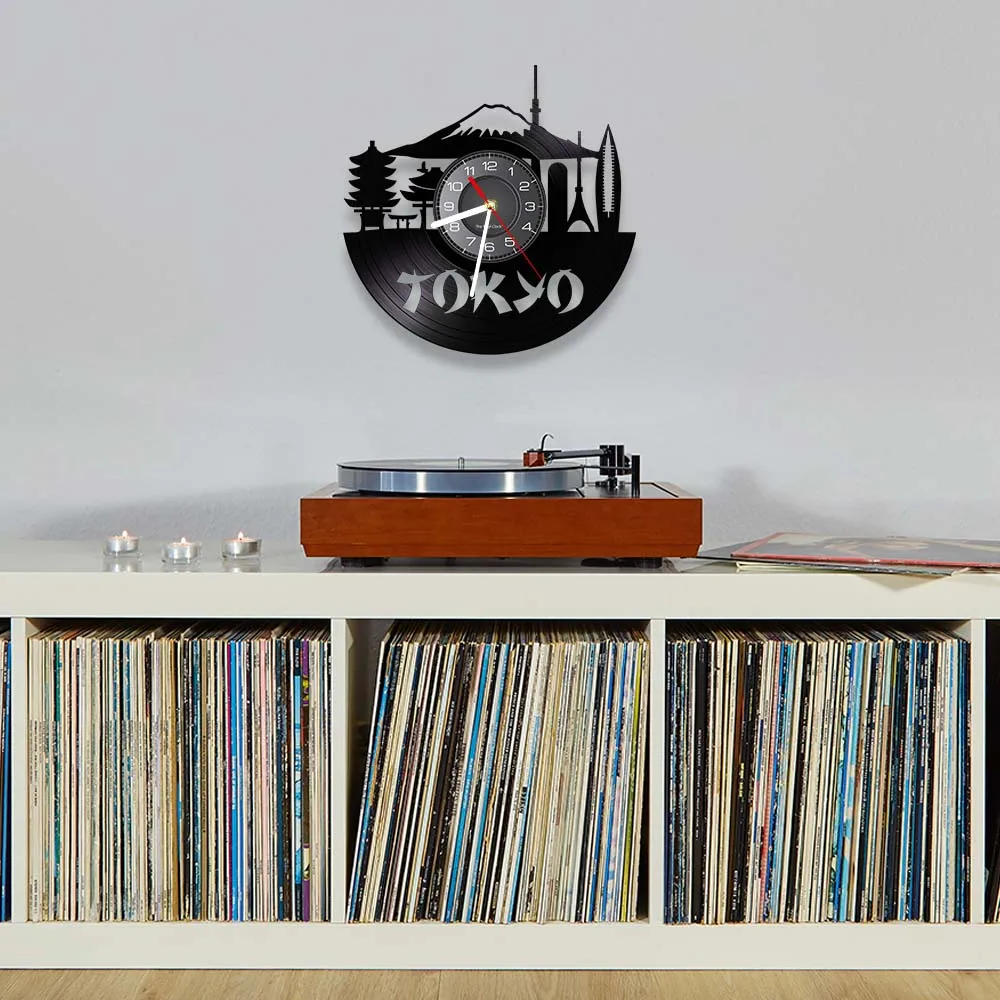 Japan Tokyo Skyline Decorative Wall Clock For Enterprise Office Japanese Cityscape Vinyl Album Record Watches Japan Souvenir 4