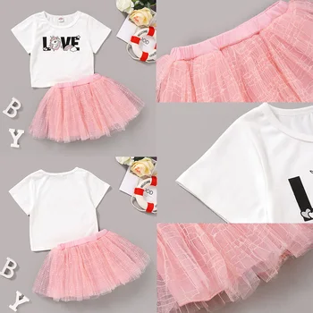 

Summer Baby Girls Clothes Cartoon Baby Girls Tutu Set 2Pcs White Tees+Pink Lace Skirt Short Sleeve Baby Outfits For Girls D30