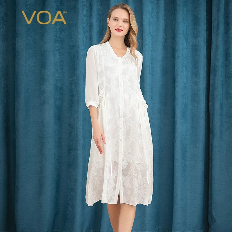 

VOA silk embroidered georgette bumps wooden ear stitching belt waist single row buckle loose breathable shirt dress A10589