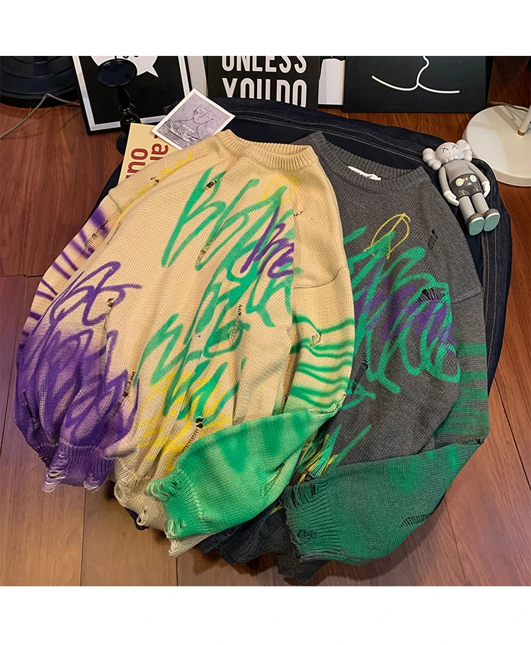 New Winter Sweater Men's Fashion Printed Casual Knit Sweater Man Streetwear Wild Hip Hop Loose Long Sleeve Pullover Men M-2XL