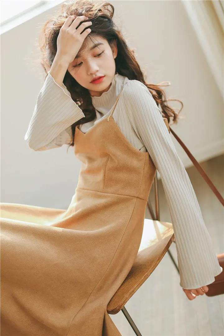 

2019 Women Fall Winter Dress Autumn Korean Vintage Faux Suede Leather V Neck Knee Length Spaghetti Strap Midi Dress Vestidos