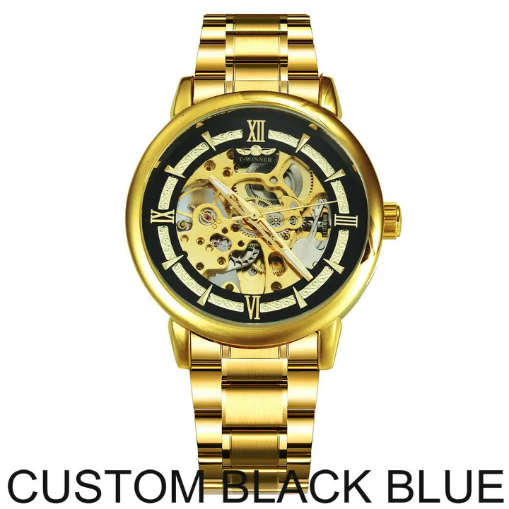 OTHER BLACK BLUE WINNER официальный бренд роскошные золотые часы Мужские автоматические механические часы с скелетом мужские часы с ремешком из нержавеющей стали деловые наручные часы - Цвет: OTHER BLACK BLUE