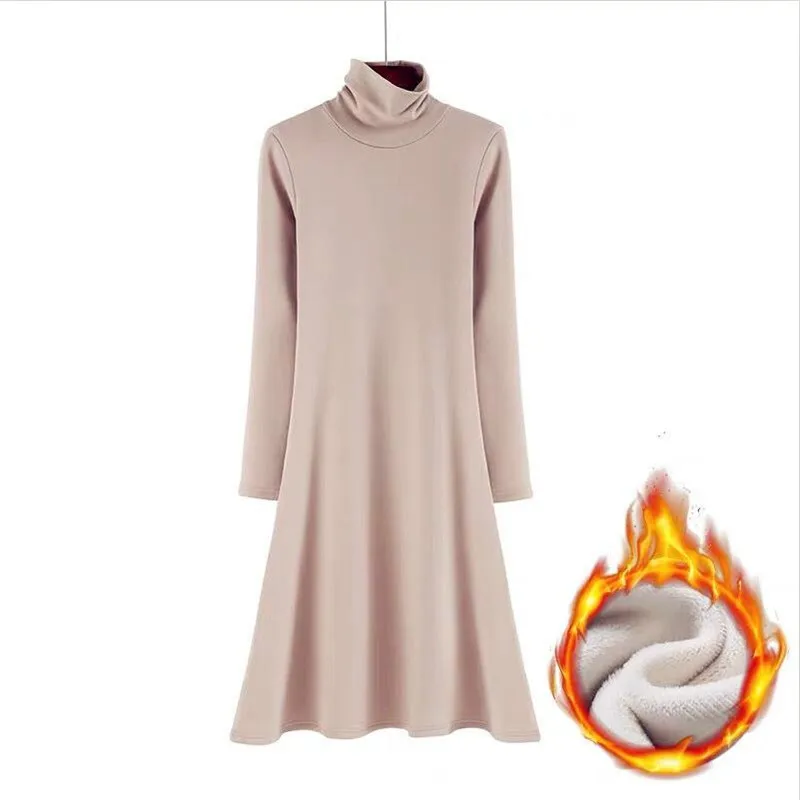 nude pink Винтажное платье большого размера M-6XL 7XL, осенне-зимнее женское свободное хлопковое платье с высоким воротником и длинным рукавом, утепленное базовое платье черного и серого цвета - Цвет: nude pink