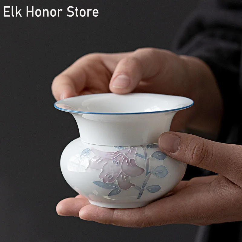 

Handmade Engrave Lily Art Ceramic Tea Strainer Tea Maker Loose Tea Leaf Spice Tea Filter Tea Leak Holder Kungfu Teaware Ceremony