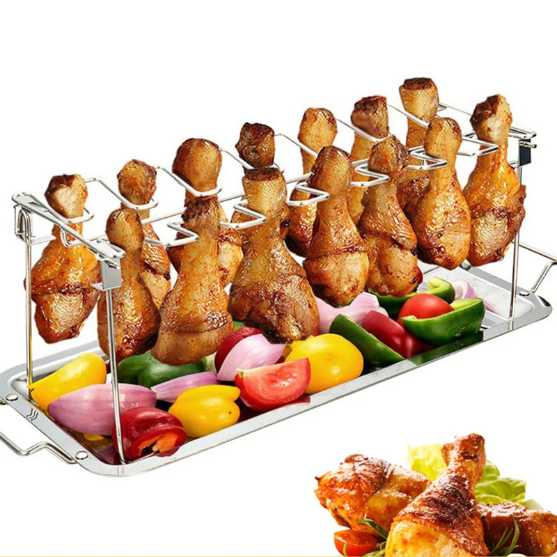 

Barbecue Stainless Steel Chicken Wing Leg Rack Grill Holder Drip Pan BBQ Fruit Dish Large Capacity Non Stick Kitchen Organizer #