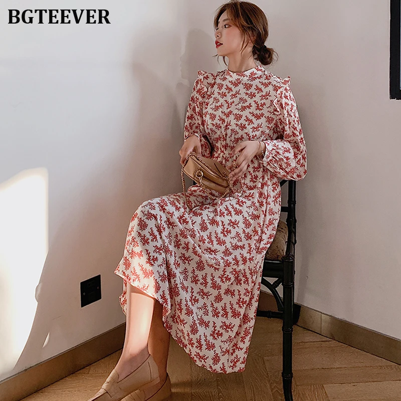 Goedkoop Bgteever Elegante Stand Kraag Ruches Vrouwen Jurk Volledige Mouw Elastische Taille Vrouwelijke Chiffon Jurk 2020 Lente Midi Vestidos Femme