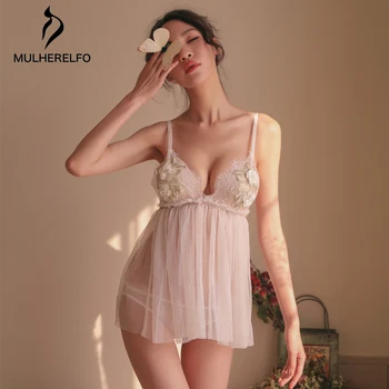 

Sexy Embroidery Applique Mesh Night Dress V Neck Camis Temptation Lingerie Mini Nighty Dress Black White Sleepwear Nightwear Hot