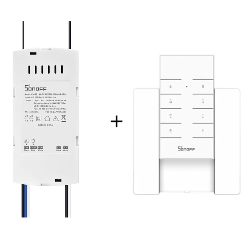 Интеллектуальный выключатель света SONOFF RM433 8-кнопка таможенного контроля мгц радиочастотный пульт дистанционного управления с SONOFF iFAN03 РЧ пульт дистанционного управления Переключатель вентилятора - Комплект: combination2