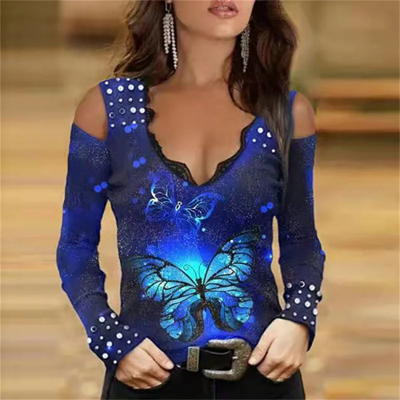 

Sexy V Neck Lace Off Shoulder Butterfly Graphic Print Gradient T Shirt Women 2021 Casual Ladies Tops Long Sleeves Tee Shirts