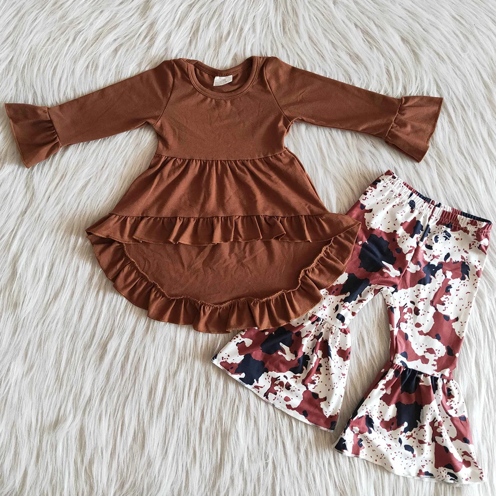 

Wholesale Baby Girls Clothing Sets Solid Color Cow Print Boutique Kids Clothes Girl Bell Sets Fashion Toddler Baby Girl Clothes