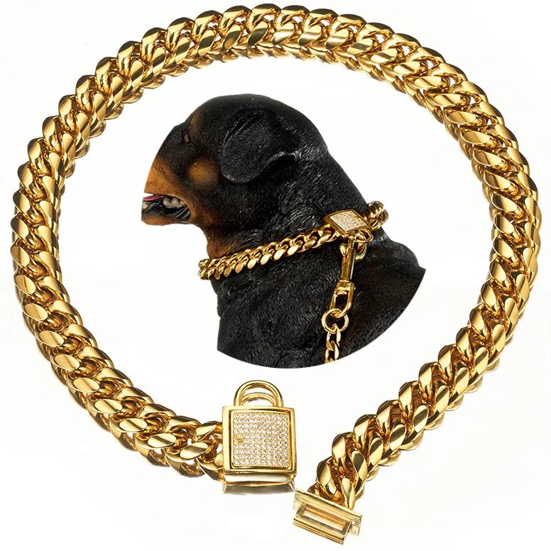 

Top Luxury Dog Collar Stainless Steel 14mm 18K Gold Color Big Dog Collar Cuban Link with Zirconia Lock Necklace Chain for Dog