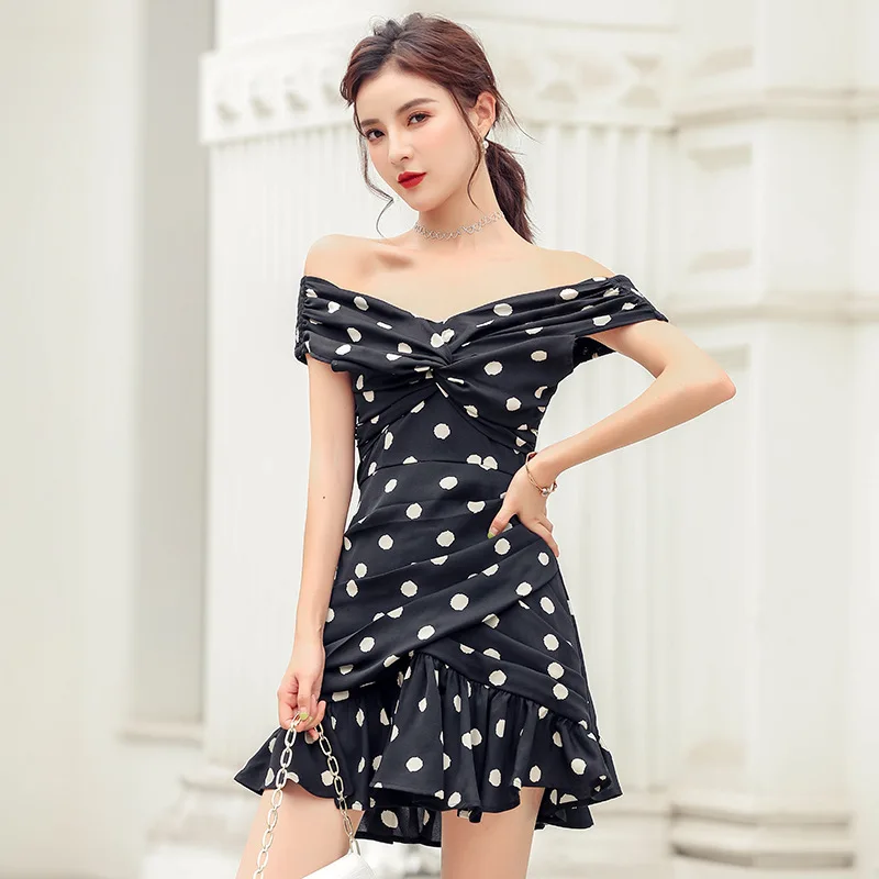 

Dress 2019 Summer New Products Debutante WOMEN'S Dress-Style Elegant off-Shoulder Slim Fit Polka Dot Flounced Skirt