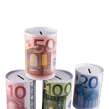 

New Metal Cylinder Piggy Bank Euro Dollar Picture box Saving Money Box Home Decoration