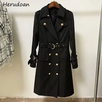 

Herudoan Designer Autumn Elegant Long Trench Women Casual Solid Black Turn-down Collar long sleeve Windbreaker Female Trench