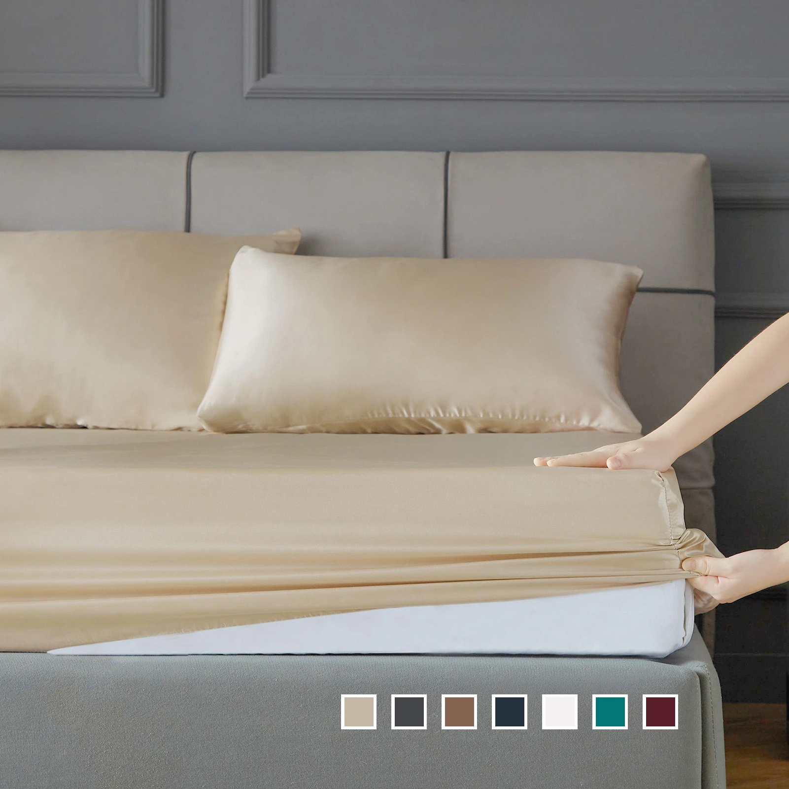 Satin Silk Fitted Sheet Solid Color Bed Sheet Elastic Band Mattress Cover Sheets Cover For Bed