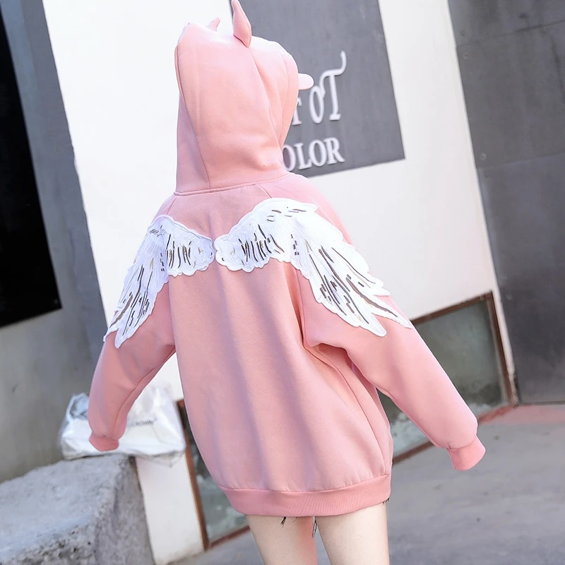 Harajuku Devil Ear Hooded Women Wing Gothic Letter Print Long Sleeve Loose hooded Autumn Cute Fashion Street Sweatshirt Hoodies