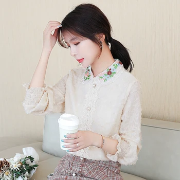 

COIGARSAM Full Sleeve blouse women New Chiffon Lace Upset blusas womens tops blouses Apricot And Velvet 8090