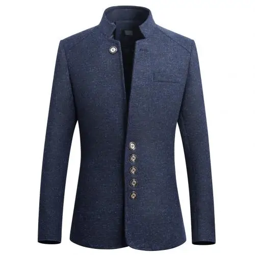 Navy Blue Модный костюм со стоячим воротником, приталенный однобортный деловой Блейзер, элегантный и гладкий пиджак унисекс, деловая одежда - Цвет: Navy Blue