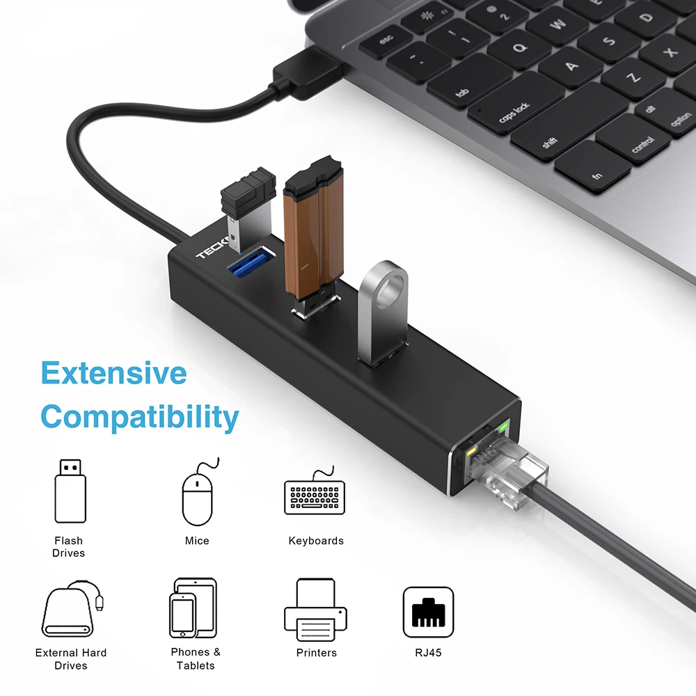 TeckNet USB 3,0 сетевой концентратор к Gigabit Ethernet RJ45 with10/100/1000 адаптер 3-Порты и разъёмы USB 3,0 концентратор Lan проводной сети высокой Скорость адаптер