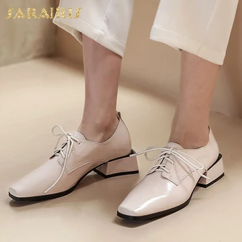 

Sarairis 2020 New Fashion Genuine Cow Leather Square Heels Concise Pumps Women Shoes Lace Up Comfortable Office Lady Pumps