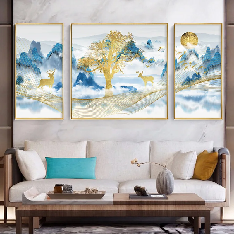 

Modern simplicity Abstract Chinese style landscape geese and elk in mountains porch Living Room Decor Canvas Art Poster Painting