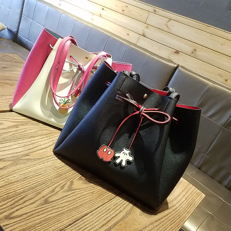 

2020 New Women's Bags PU Leather Women's Fashion Tote Bag Drawstring Contrast Color Women's Shoulder Bags