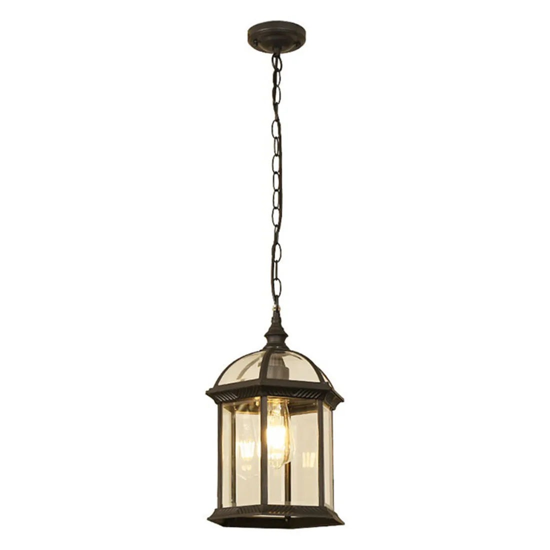 Black Rustic 10W E27 Outdoor Hanging Lantern Light with Clear Beveled Glass Semi Flush Mount Light Fixture for Porch,Entry