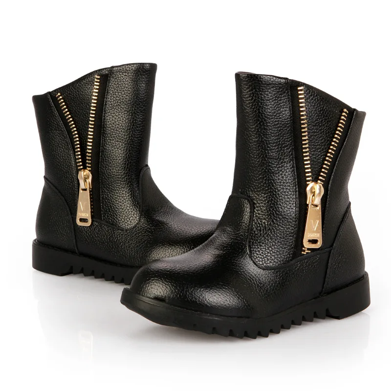 

Kids Snow Boot Warm Low-heeled Martin Boots Winter Warm Snow Genuine Leather Boots Girls Zipper Mid Calf Winter Boot Red Black