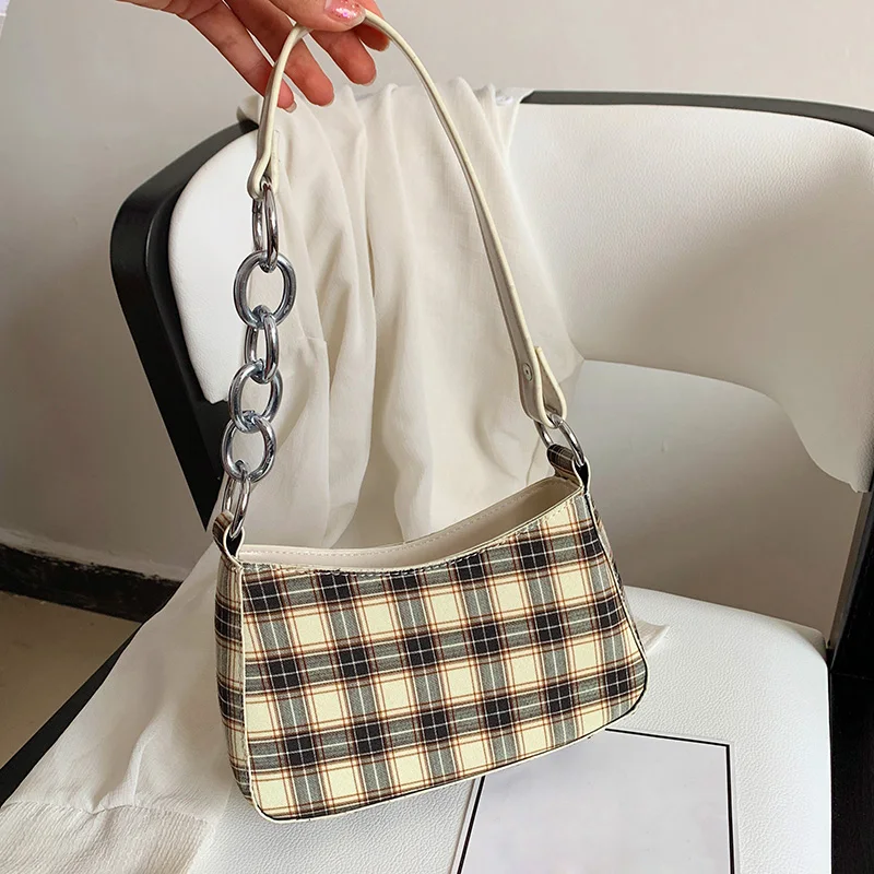 

Fashion Designer Plaid Baguette Shape Handbags Women Lattice Underarm Shoulder Bags 2020 New Oxford Female Hobo Travel Handbags