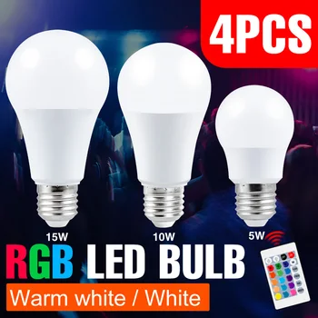 4 Stuks Rgb Led Lamp E27 Led Lamp Rgbw Lamp 5W 10W 15W Lampada 110V rgbww Verwisselbare Led Verlichting Decoratie Kleurrijke Lamp 220V