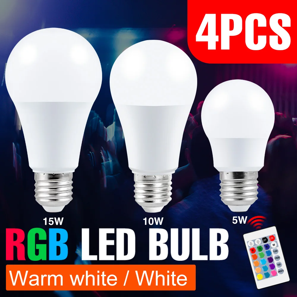 

4PCS RGB LED Bulb E27 LED Lamp RGBW Light Bulb 5W 10W 15W Lampada 110V RGBWW Changeable LED Lights Decoration Colorful Lamp 220V