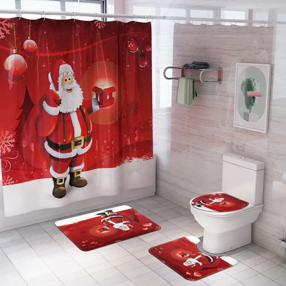 

GloryStar Santa Claus Printing Shower Curtain Non-Slip Rug Toilet Lid Cover Bath Mat for Bathroom Decor