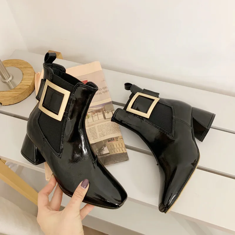 LTARTA Women Martin Boot Square Button Women's Shoes Black Leather Boots Square Head Wrinkled Painted Shoes JXQ-2668-2