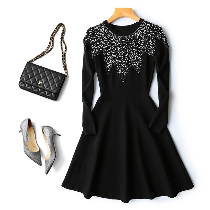 

High Quality New 2019 Autumn Winter Knitted Dress Women Slim Beading Long Sleeve Black Casual Sweater Dress