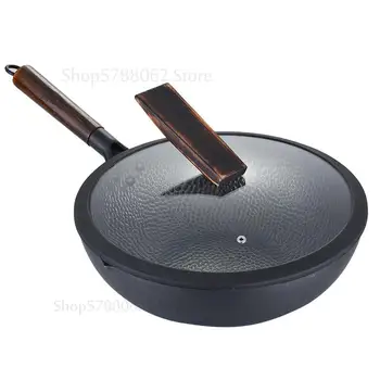 

32cm Handmade Cast iron Uncoated non-stick pan Home cookware Cook wok less-oil-smoke for gas stove Induction cooker with lid
