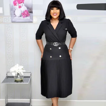 

African Pleated Dress for Women Summer Style Office Lady Black Blue Solid Knee Lengtg Dress African Clothing 2020 New Arrivals