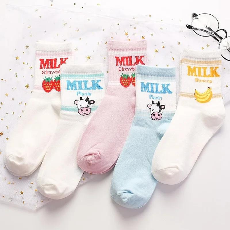 Носки с мультипликационным принтом «фрукт», «молоко», «клубника», «банан», Забавные милые женские хлопковые носки, повседневные дышащие удобные впитывающие пот носки в японском стиле