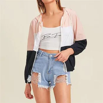 

Hoodies Womens Drawstring Hooded Sweatshirt Windbreaker Casual Zipper Color Block Overcoat Fashion Female Long Sleeve Coat V1