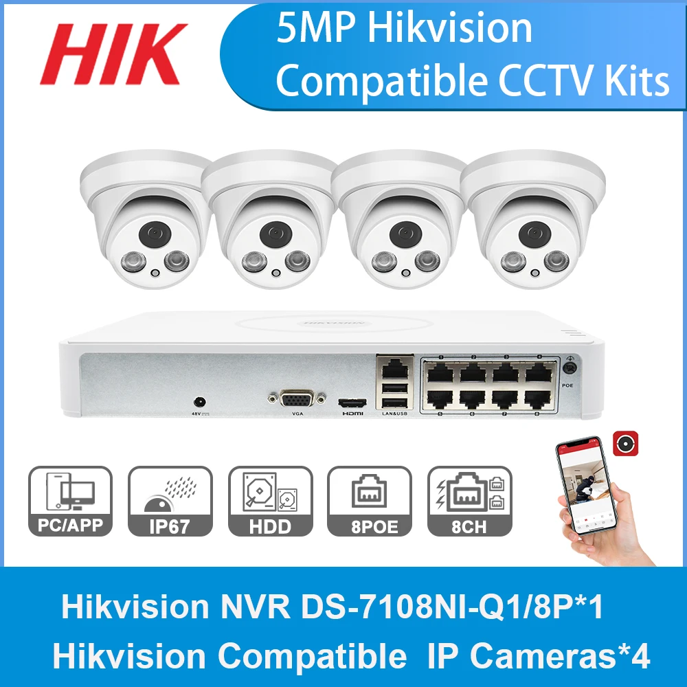 Hikvision совместимые наборы систем видеонаблюдения 4 шт. 5 Мп ИК камера Dag и Nacht Ip 8 каналов Poe сетевой