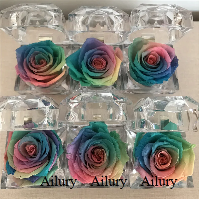 4cm Rainbow Color Rose Little Gift Artifical Flower Cute Decorative Present Acrylic Ring Box For Wedding Creative Gift rose necklace artificial roses
