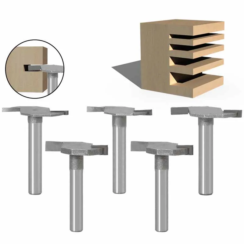 

5Pcs T-Slot Milling Cutters Set Handle Slot Engraving Machine Woodworking Straight Cutter 1/4'' 6mm Shank Blade Router Bit