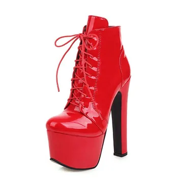 

Platform Ankle Boots For Women High Heels Short Boots Women Fashion Patent Leather Lace-up Red Black Shoes Lady Large size 45 46