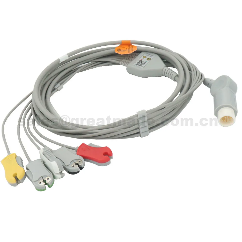 one piece ECG cable with leadwires,5-lead,IEC,Grabber,Round 17pin