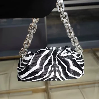 

Zebra Print Pleated Shoulder Bag Women 2020 Designer Korean Thick Metal Chain PU Leather Handbag Ladies High Quality Clip Purse