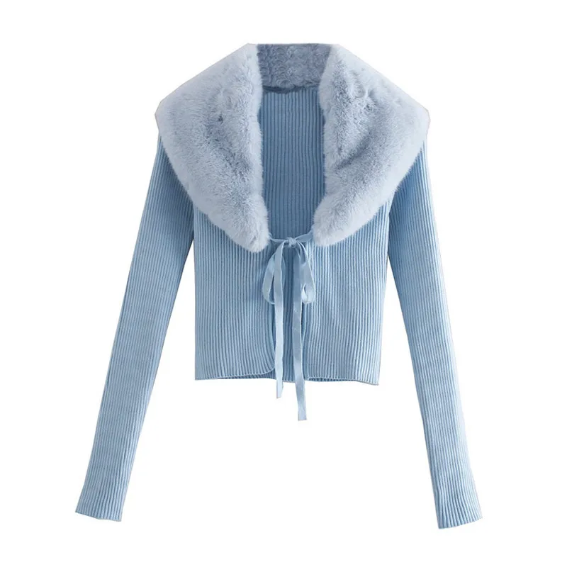 Women Faux Fur V-Neck Patchwork Cardigan Knitting Short Sweater Female Chic Long Sleeve Single Breasted Slim Blue Tops Hot-sale |