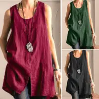 2025 Summer Women's Long Tanks Tops ZANZEA Woman Cotton Linen Breathable Sleeveless Slit Blouses Casual Loose Solid Color Tees - Image 4