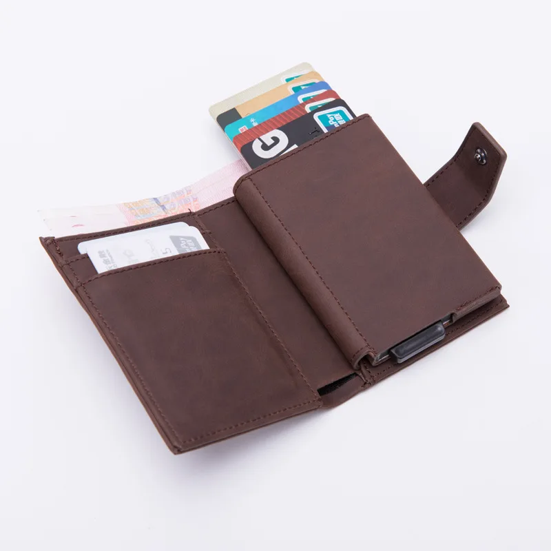 Стиль RFID блокирующий держатель для карт мужской минималистичный бумажник металлический мужской одиночный Футляр алюминиевый держатель на застежке для карт - Цвет: coffee