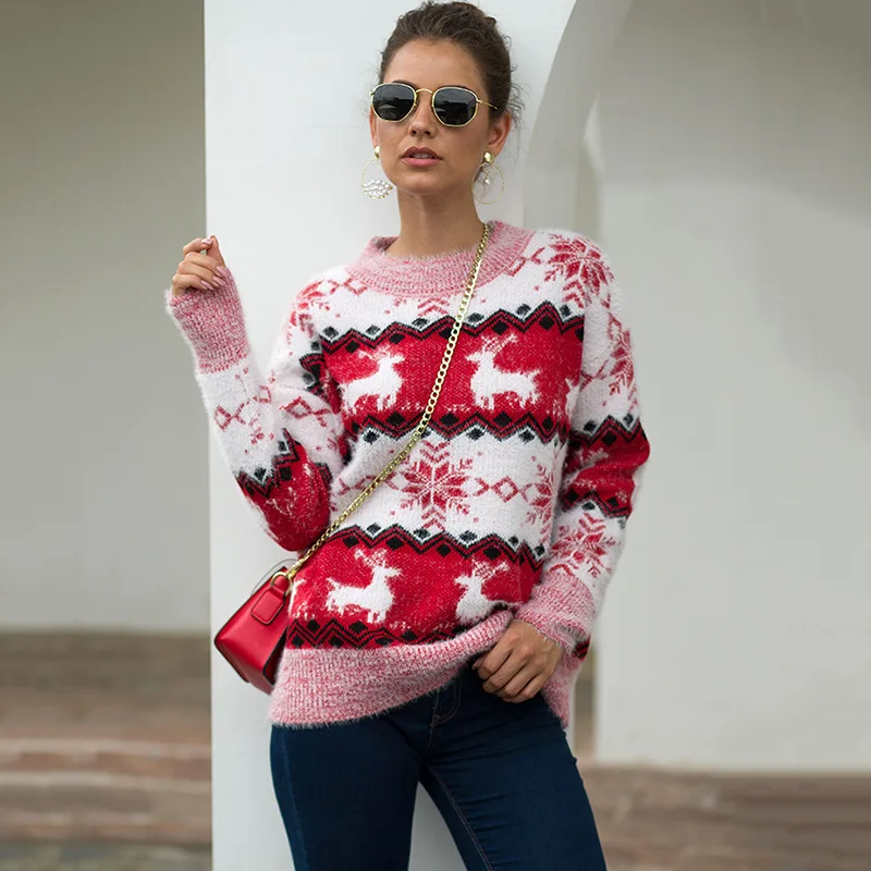 

2020 New Christmas Sweater Women's Fall/Winter Europe and America Snowflake Christmas Deer Pullover Sweater Casual O-Neck