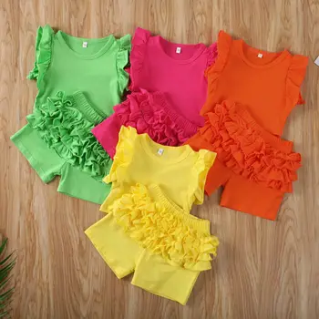 

2PCS Infant Baby Girl Kid T-shirt Ruffle Top + Shorts Pants Summer Outfits Clothes 0-24M